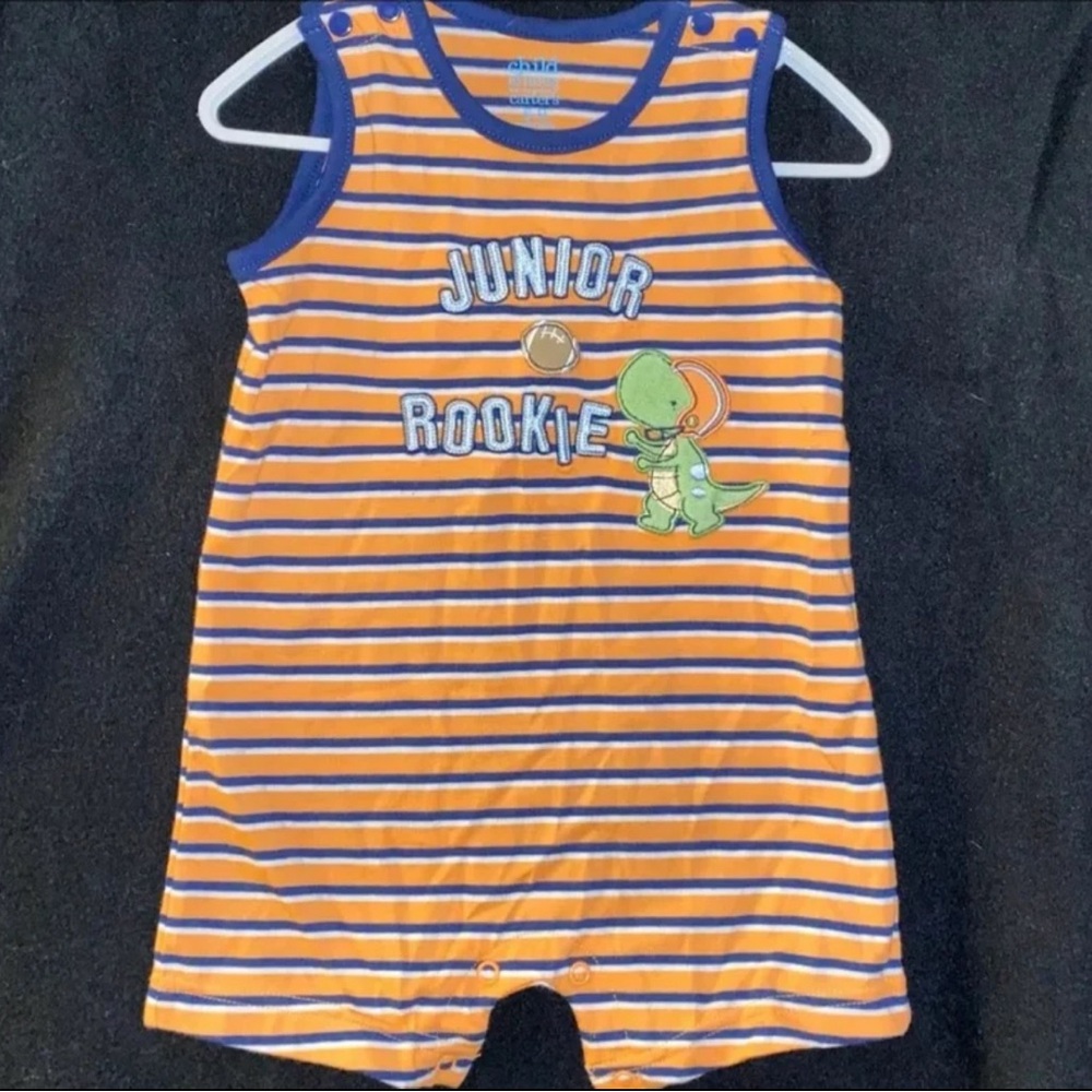 💞 New Baby Boys Size 6-9 Months “Junior Rookie” Striped Football Romper